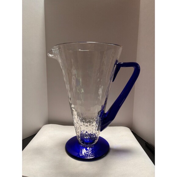 Vintage MCM Clear Glass Pitcher with Cobalt Blue Handle - Picture 2 of 11
